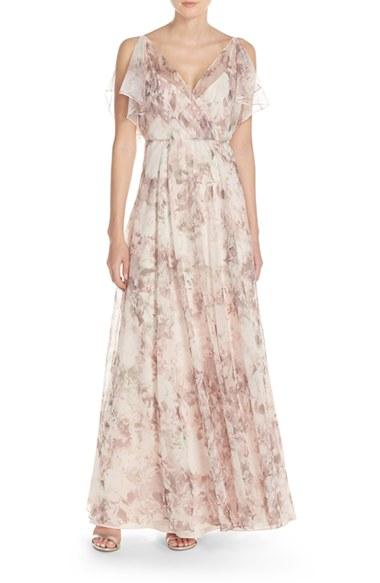 Women's Jenny Yoo 'cassie' Print Flutter Sleeve Chiffon Maxi Dress - Purple