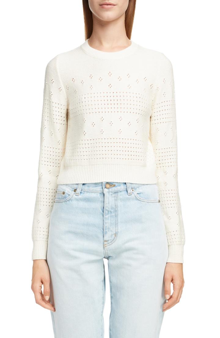 Women's Saint Laurent Eyelet Detail Wool Blend Sweater - Ivory
