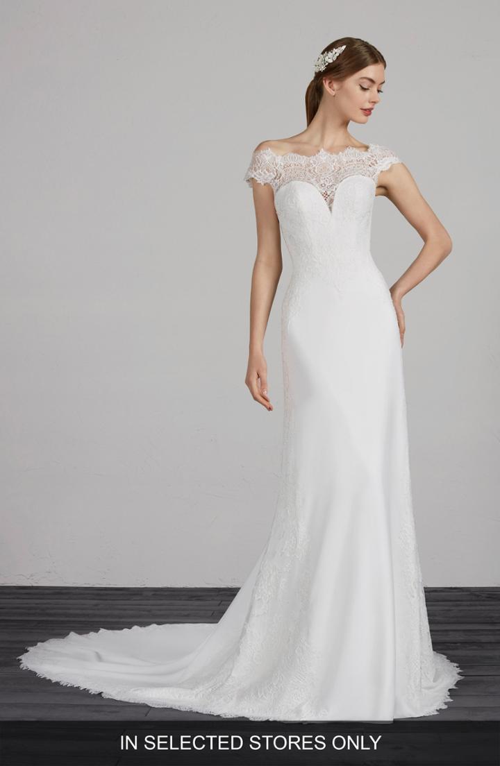 Women's Pronovias Modena Off The Shoulder Lace & Crepe Gown, Size In Store Only - Ivory
