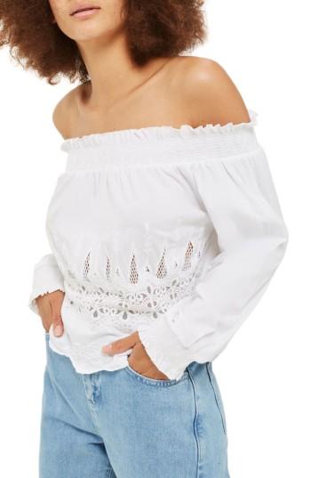 Women's Topshop Cutwork Off The Shoulder Top Us (fits Like 0) - White