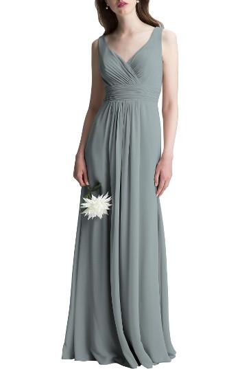 Women's #levkoff V-neck Chiffon A-line Gown - Grey