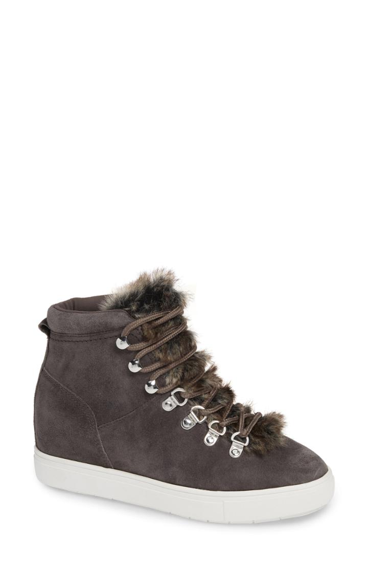 Women's Steven By Steve Madden Kalea-f Hidden Wedge Sneaker With Faux Fur Trim M - Grey