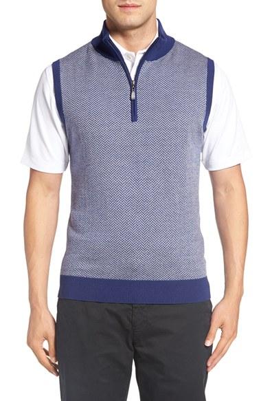 Men's Bobby Jones Quarter Zip Herringbone Merino Wool Sweater Vest - Blue