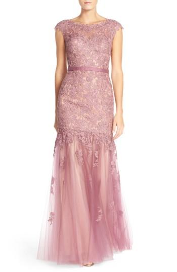 Women's La Femme Lace & Tulle Mermaid Gown - Purple