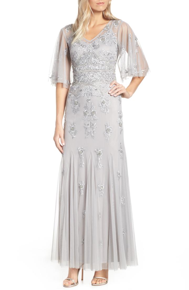 Women's Adrianna Papell Beaded & Embroidered Chiffon Evening Dress - Metallic