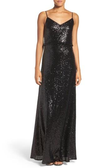 Women's Jenny Yoo Jules Sequin Blouson Gown With Detachable Back Cowl - Black