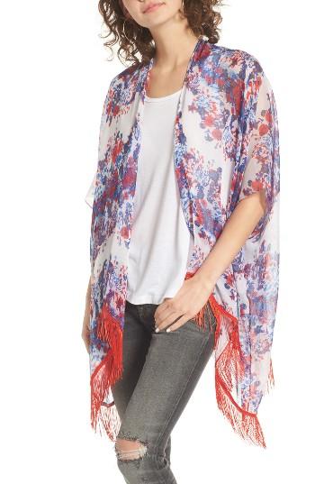 Women's Capelli Of New York Fringe Floral Kimono, Size - Blue