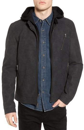 Men's Black Rivet Faux Suede Hooded Moto Jacket - Grey