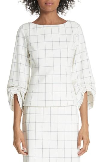 Women's Tibi Windowpane Plaid Ruched Cuff Top - Ivory