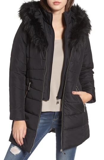 Women's Maralyn & Me Faux Fur Collar Quilted Walker Coat