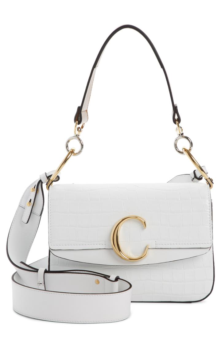 Chloe Croc Embossed Leather Shoulder Bag - White