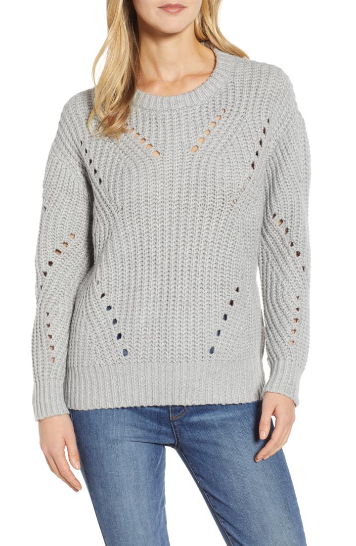 Women's Vince Camuto Rib Pointelle Detail Cotton Blend Sweater, Size - Grey