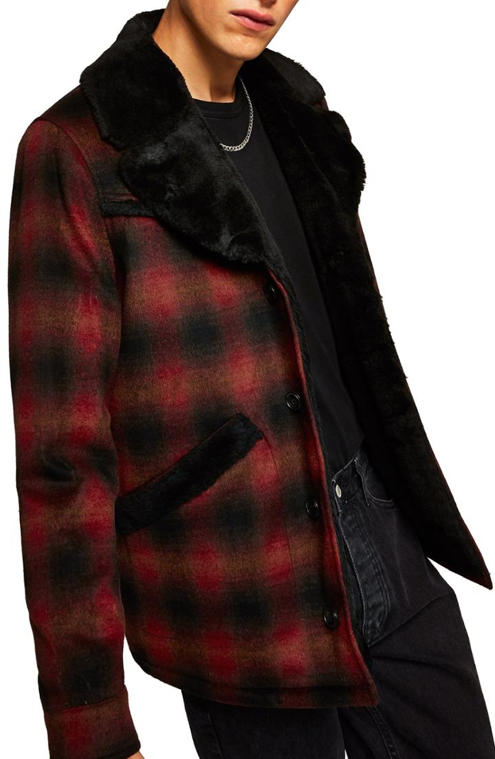 Men's Topman Check Faux Fur Lined Rodeo Jacket, Size - Brown