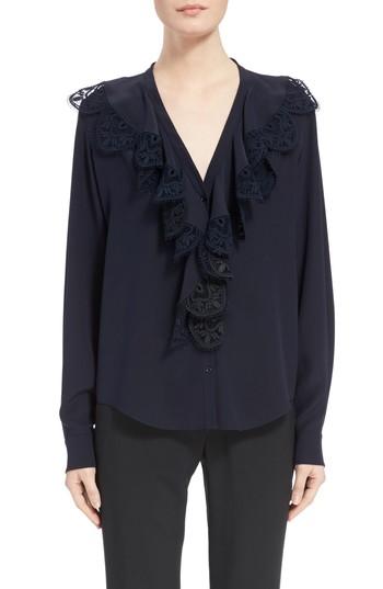 Women's Chloe Lace Ruffle Silk Blouse Us / 34 Fr - Blue