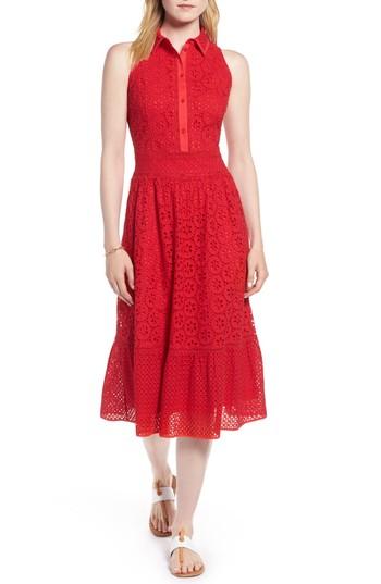 Women's 1901 Cotton Eyelet Sleeveless Shirtdress - Red