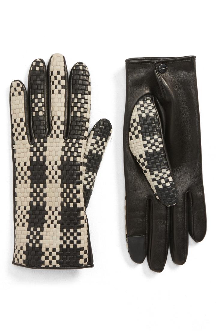 Women's Agnelle Woven Lambskin Leather Gloves - Black