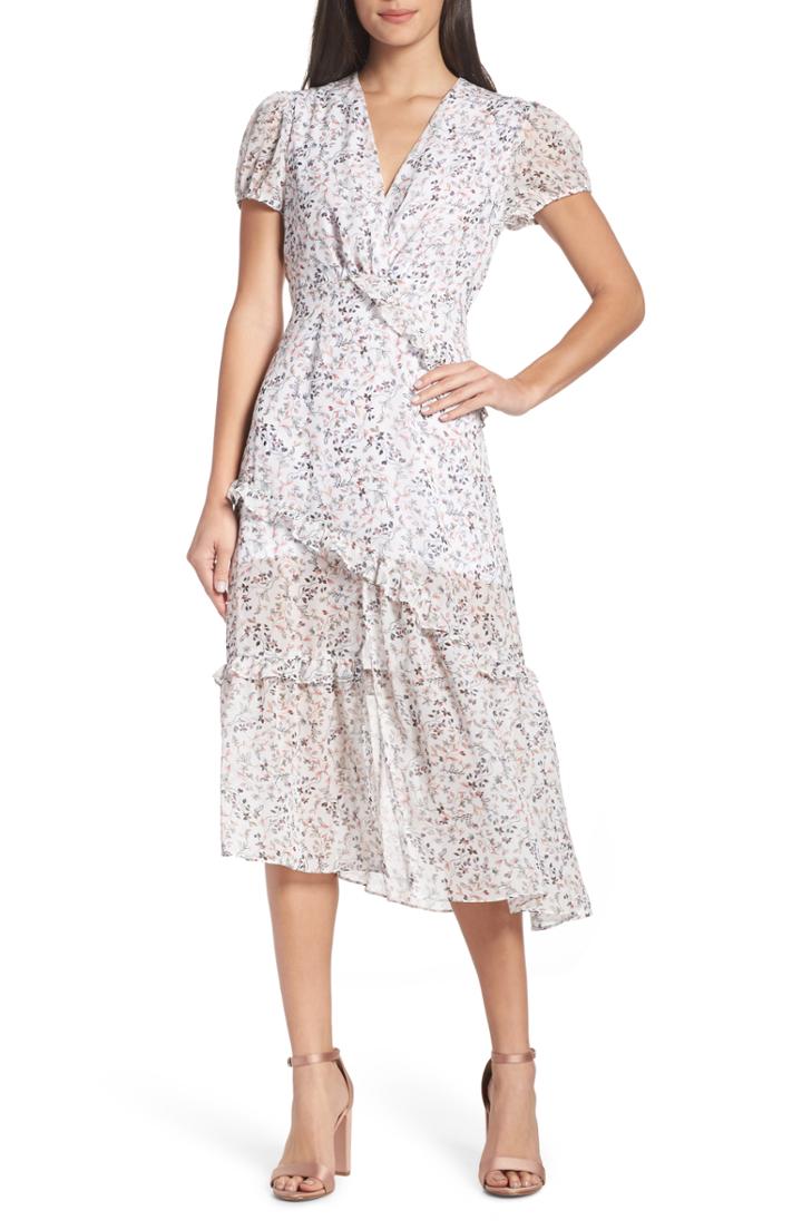 Women's Nsr Olivia Floral Ruffle Midi Dress - White