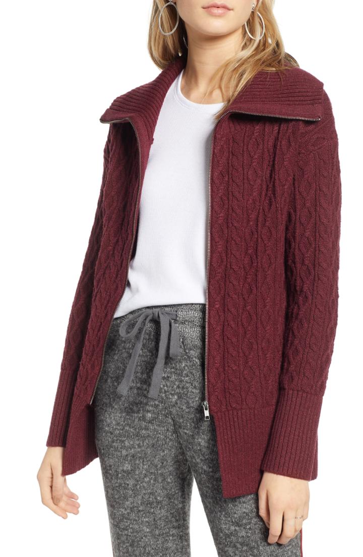 Women's Treasure & Bond Cable Knit Zip Cardigan, Size - Red