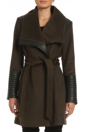 Women's Belle Badgley Mischka 'lorian' Faux Leather Trim Belted Asymmetrical Wool Blend Coat - Green
