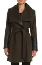 Women's Belle Badgley Mischka 'lorian' Faux Leather Trim Belted Asymmetrical Wool Blend Coat - Green