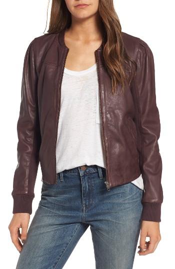 Women's Hinge Shrunken Leather Bomber Jacket - Burgundy