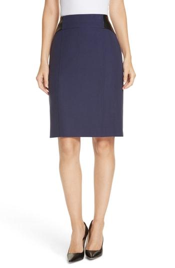 Women's Boss Valeta Soft Twill Faux Leather Detail Pencil Skirt - Blue