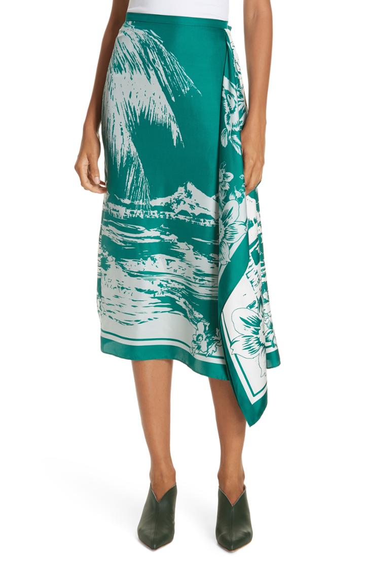 Women's Tibi Leilani Print Silk Twill Midi Skirt - Blue
