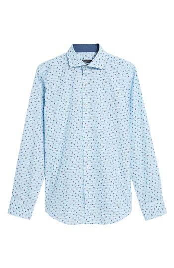 Men's Bugatchi Shaped Fit Zigzag Floral Sport Shirt, Size - Blue