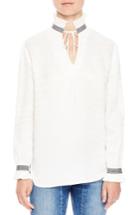 Women's Sandro Pleat Honeycomb Tie Neck Top - White