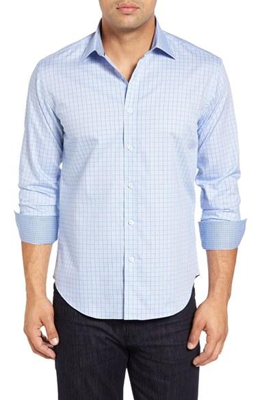 Men's Bugatchi Shaped Fit Tattersall Sport Shirt - Blue