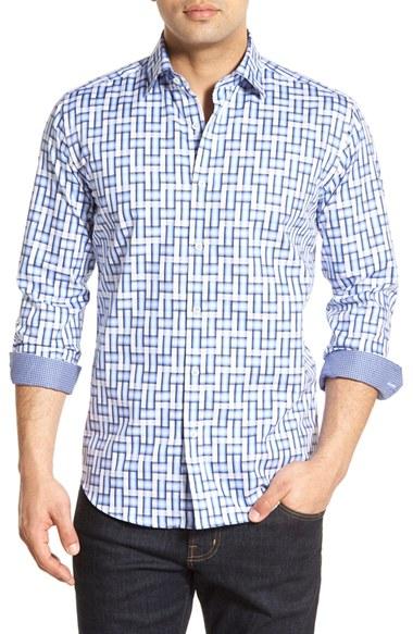 Men's Bugatchi Shaped Fit Geo Print Sport Shirt - Blue