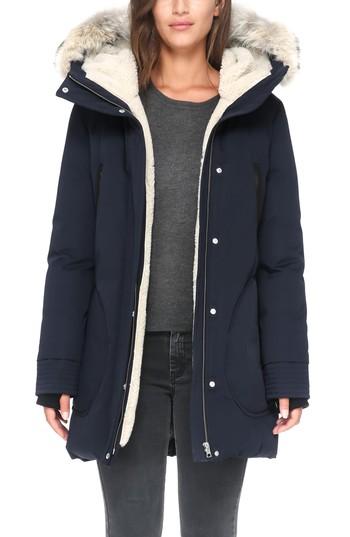 Women's Soia & Kyo Genuine Coyote Fur Trim Down Parka With Fleece Lining - Blue