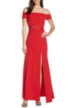 Women's Sequin Hearts Off The Shoulder Scuba Crepe Evening Dress - Red