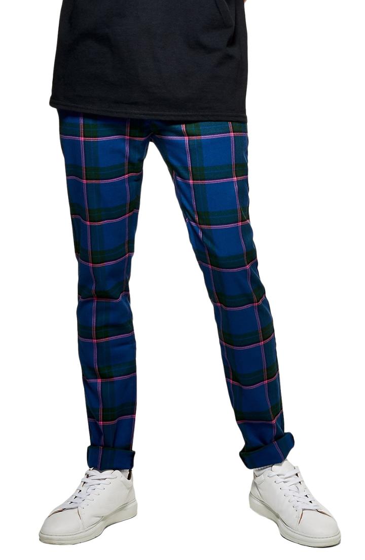 Men's Topman Mitchell Check Print Skinny Pants X 32 - Blue