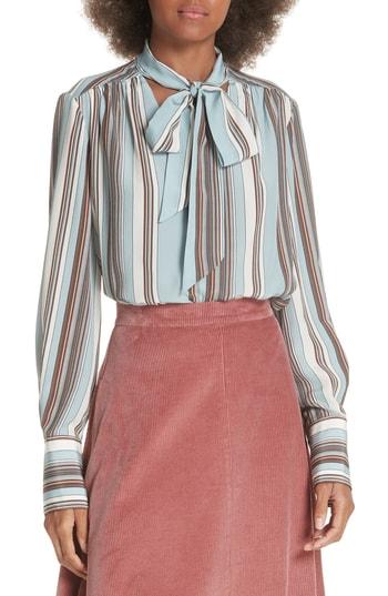 Women's Elizabeth And James Mimi Tie Neck Stripe Silk Blouse - Blue