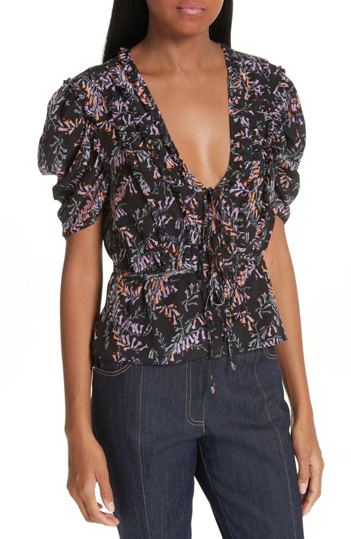 Women's Cinq A Sept Keira Snapdragon Print Silk Top, Size - Black