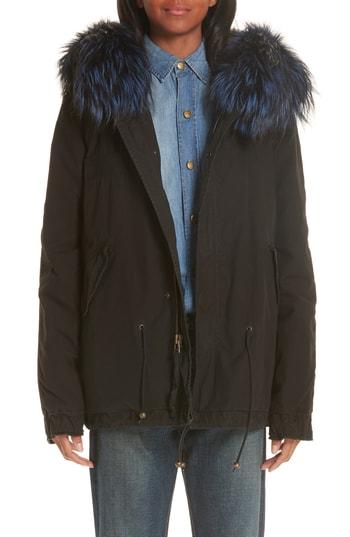 Women's Mr & Mrs Italy Genuine Fox Fur Trim Parka - Black