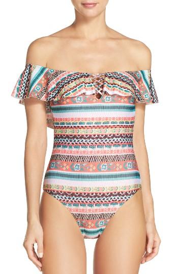 Women's Becca Tapestry Off The Shoulder One-piece Swimsuit - Orange