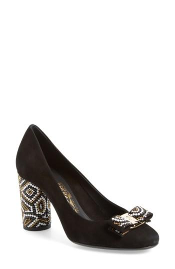 Women's Salvatore Ferragamo Beaded Heel Bow Pump .5 B - Black