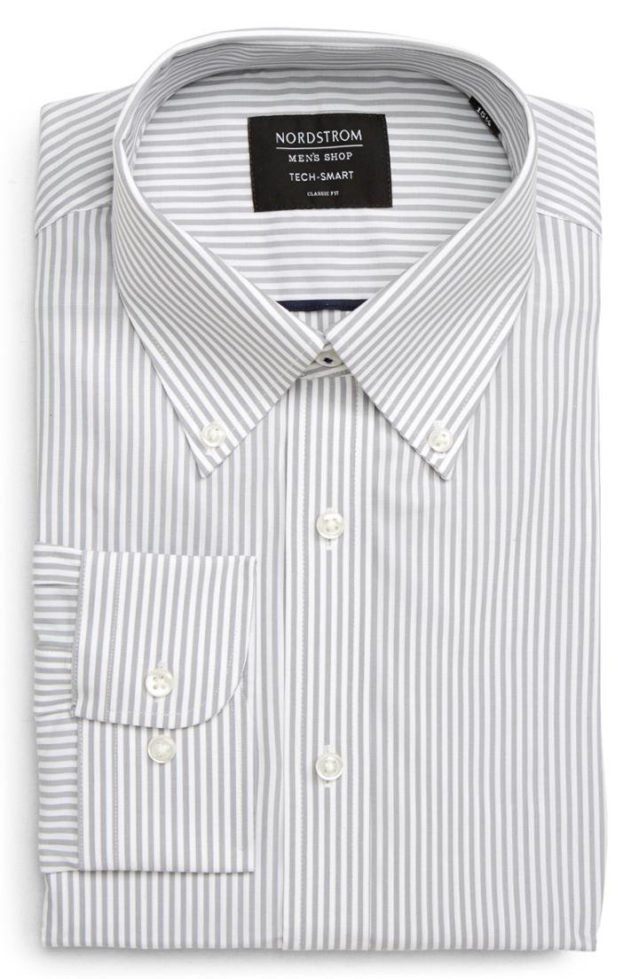 Men's Nordstrom Men's Shop Tech-smart Classic Fit Stretch Stripe Dress Shirt .5 - 32/33 - Grey