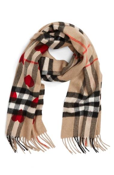 Women's Burberry Heart & Giant Check Fringed Cashmere Scarf, Size - Red