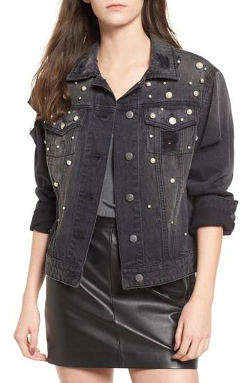 Women's Love, Fire Imitation Pearl Detail Boyfriend Denim Jacket - Black