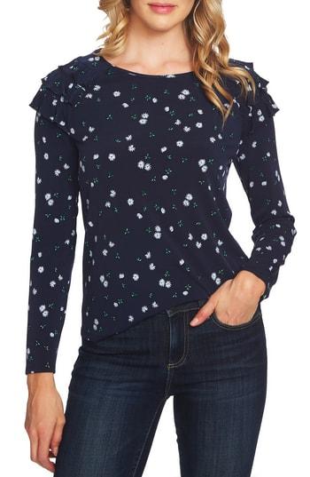 Women's Cece Ditsy Ruffled Shoulder Top, Size - Blue