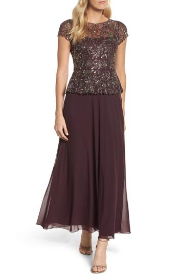 Women's Pisarro Nights Beaded Mesh Mock Two-piece Gown - Red