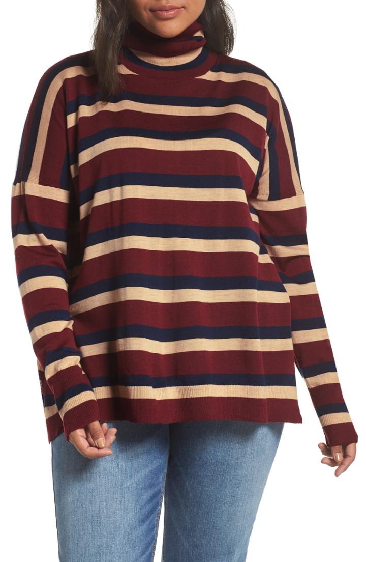 Women's J.crew Stripe Turtleneck Boyfriend Sweater - Brown