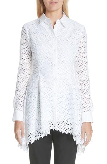 Women's Lela Rose Cotton & Silk Lace Sharkbite Hem Blouse - White
