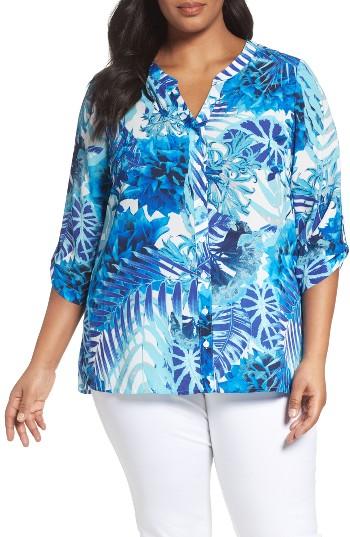 Women's Foxcroft Tropical Blues Roll Sleeve Top