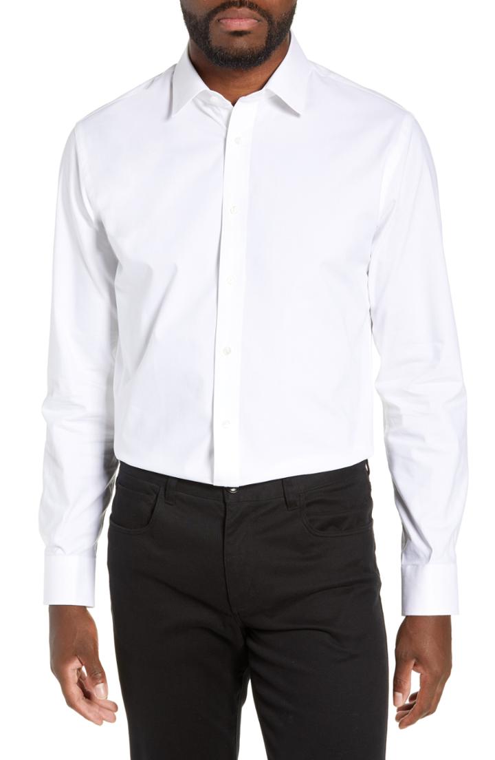 Men's Nordstrom Men's Shop Tech-smart Trim Fit Stretch Pinpoint Dress Shirt - 32/33 - White