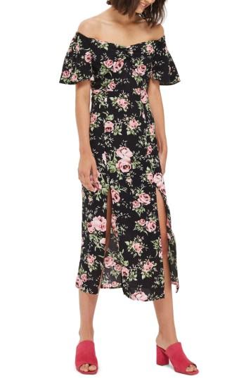 Women's Topshop Rose Print Off The Shoulder Midi Dress Us (fits Like 10-12) - Black