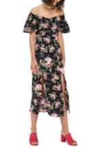 Women's Topshop Rose Print Off The Shoulder Midi Dress Us (fits Like 10-12) - Black